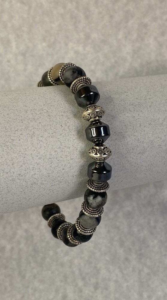 Hematite matte agate silver beaded bracelet unisex