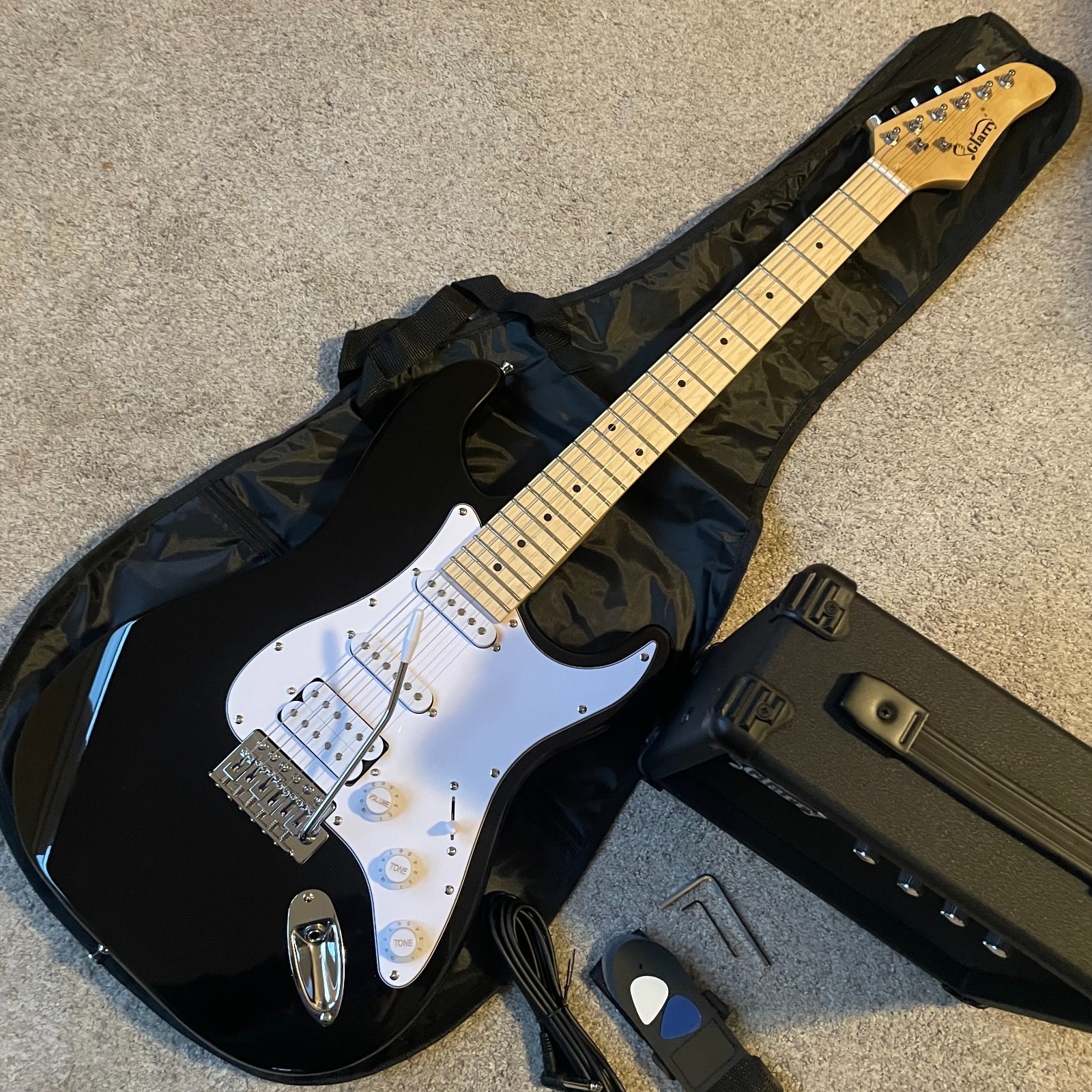 Full-Size Black Electric Guitar Starter Package with 20-Watt Amp, HSS Pickups