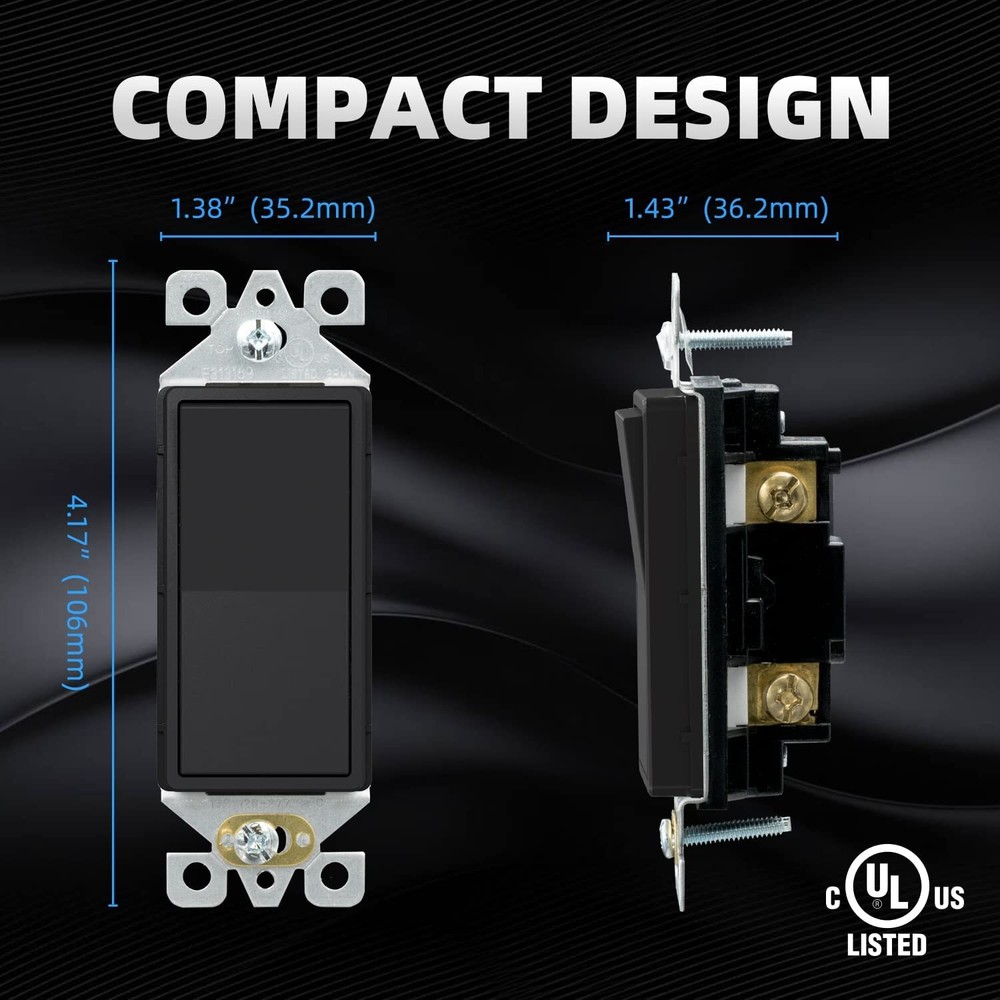 Matte Black Single Pole Decorator Light Switch, 15Amp, 120-277V, Decorative Padd