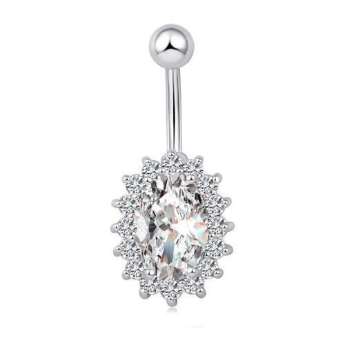 Rhinestone Oval Princess Belly Button Ring Charm Silver Bling Elegant STUNNING