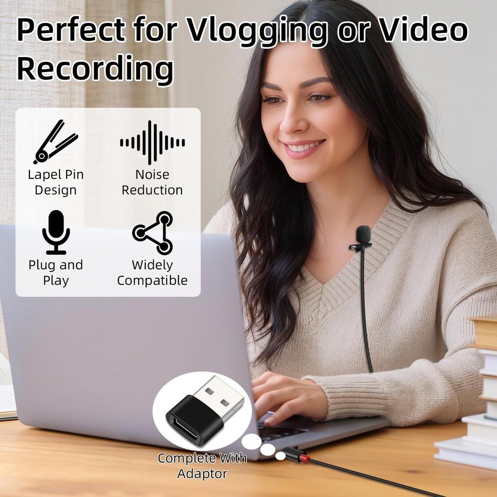 USB C Lavalier Microphone, Type-C Lapel Microphone Wired with USB A Adapter, ...