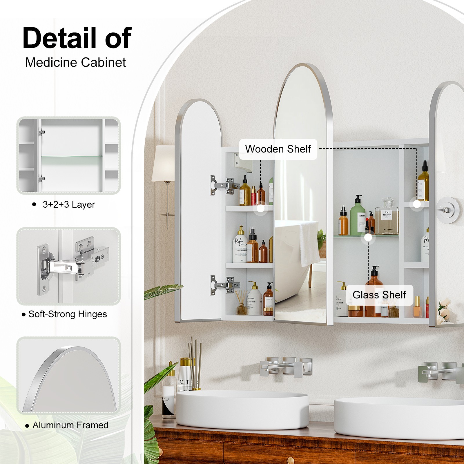 Triple Arch Medicine Cabinet 3 Doors Bathroom Mirror Cabinet with Trifold Mirror