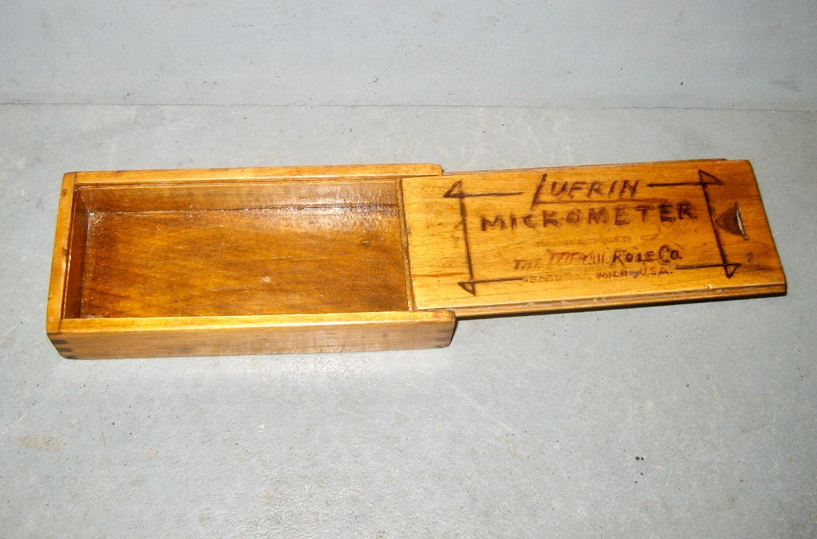 Lufkin Micrometer Wood Storage Box with garage humor: spelled Lufrin Mickometer