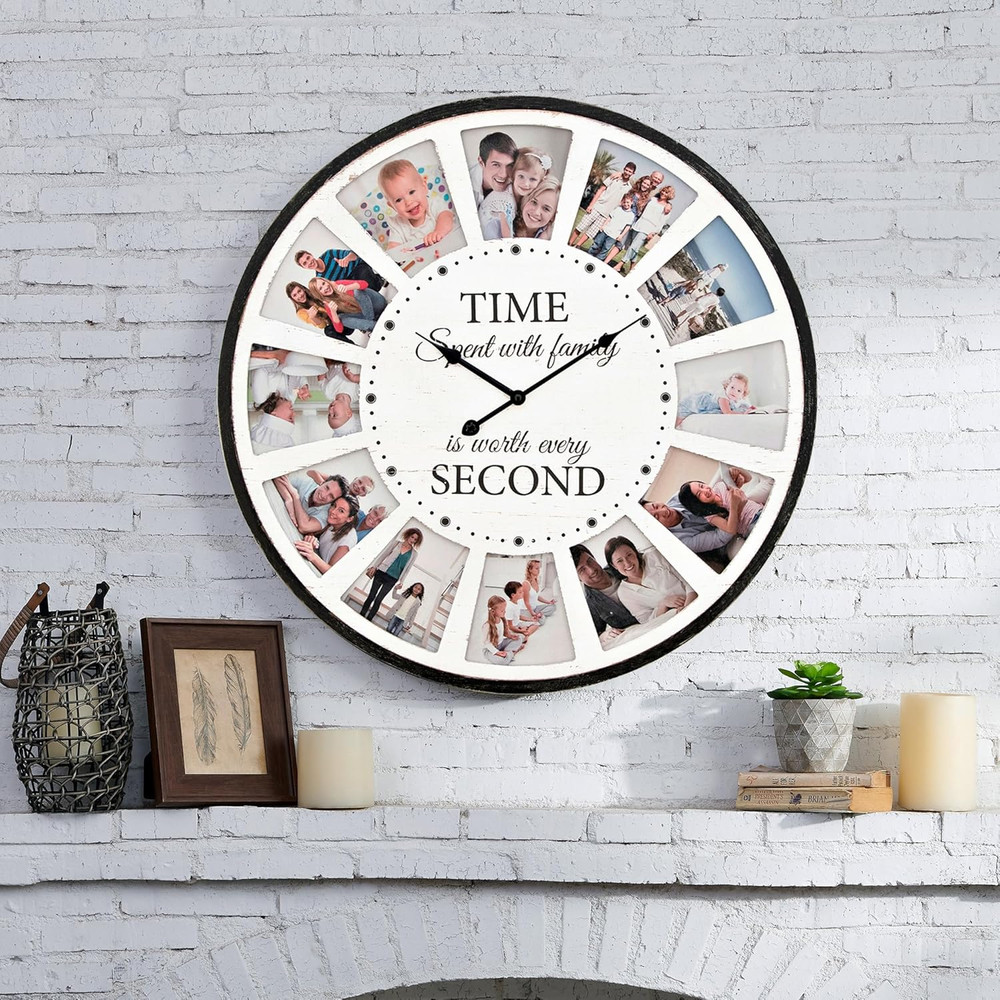 Large Wall Clock with Picture Frames Collage, Vintage Rustic Clock a - White