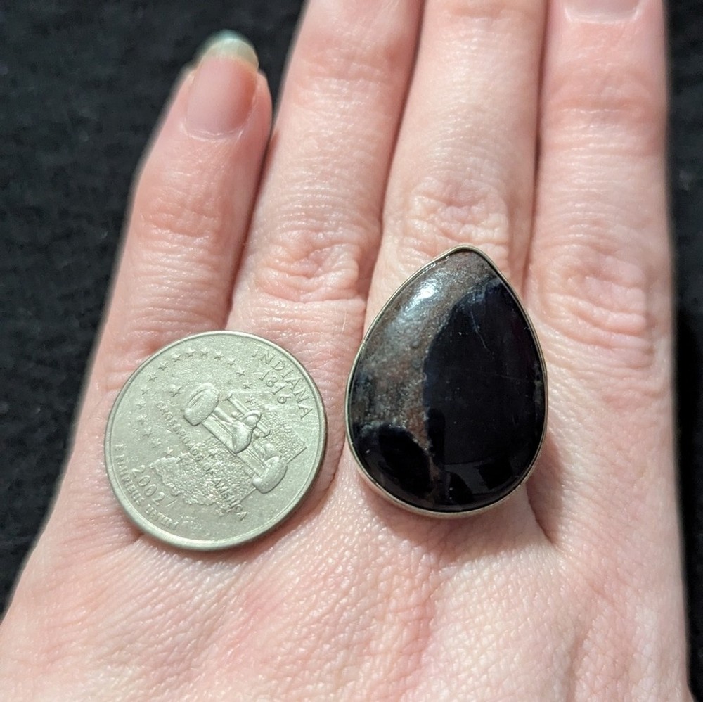 Silver Plated Blue Brown Sodalite Gemstone Teardrop Statement Ring - 8