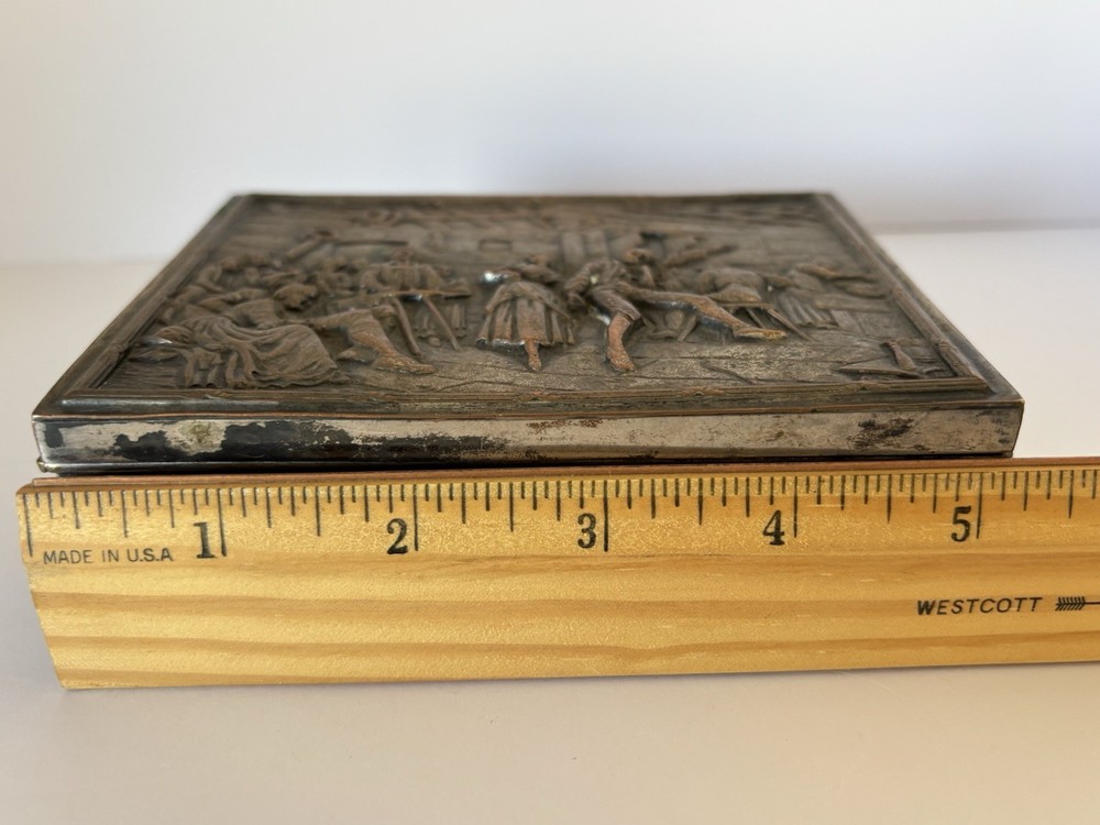 Antique E.G. Webster & Son Silverplate Cigarette Box Repoussé Tavern Scene