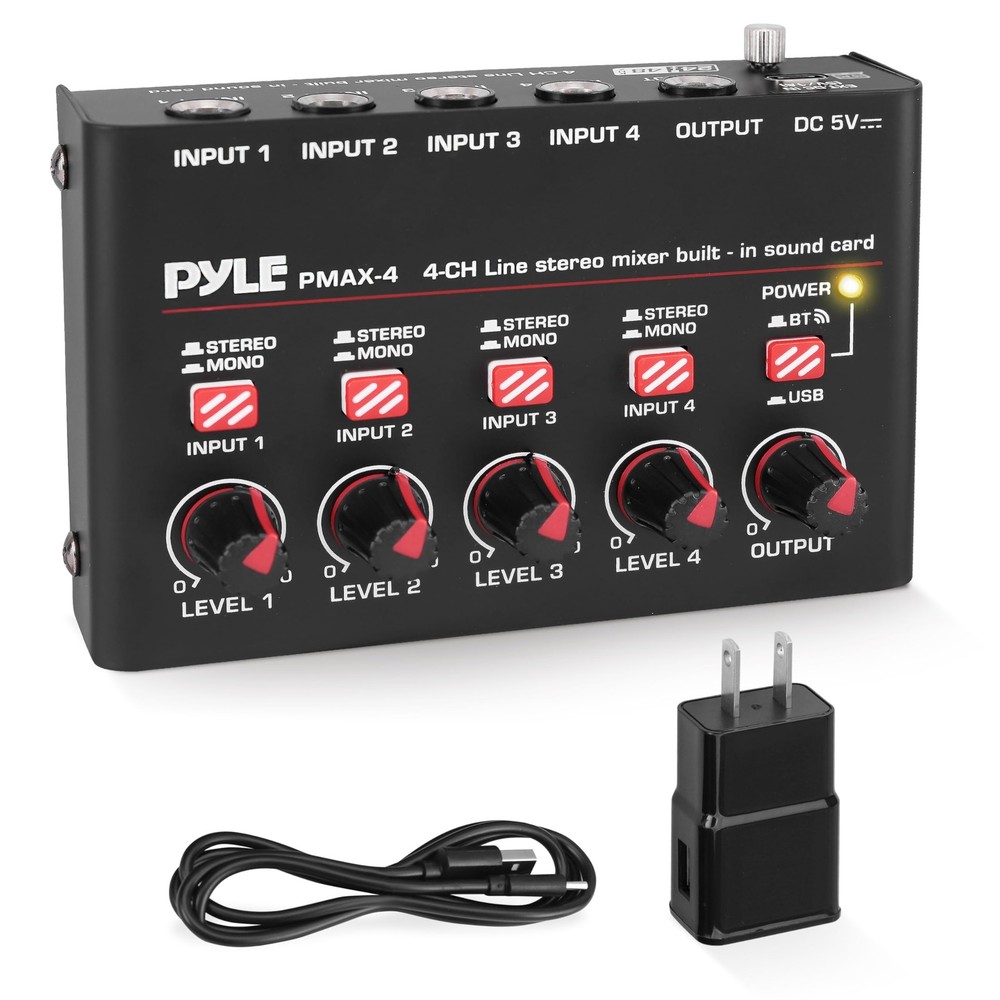 Pyle 4-Channel Wireless Bluetooth 5.0 Line Mixer - USB Audio One Size, Black