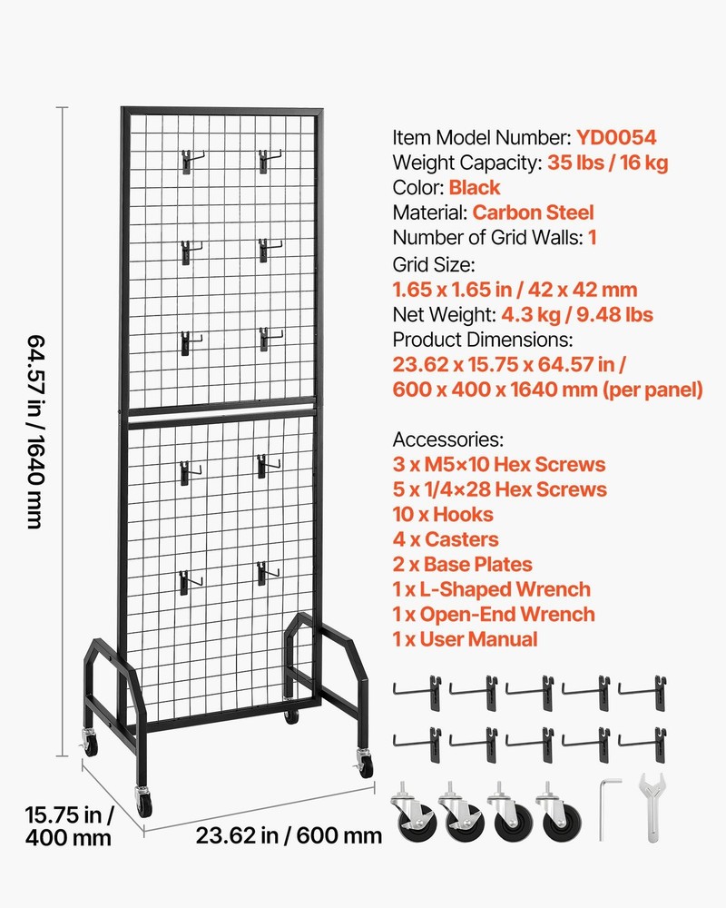 Mobile Grid Wall Display Rack: 1.9x5.4ft Steel Panel with 10 Hooks
