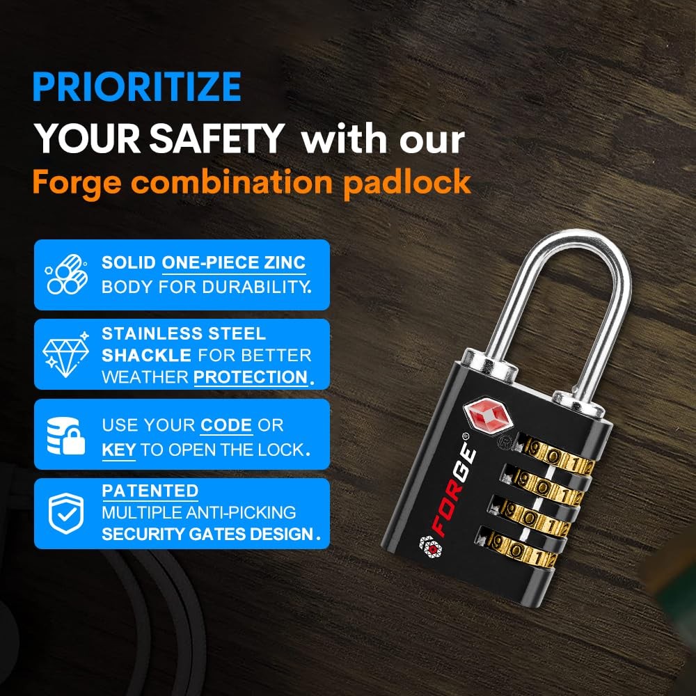 Forge Dual-Opening: Key or Combination Access Lock, TSA 4 Pack, Black