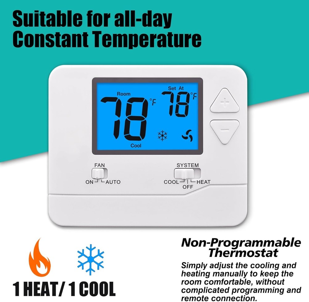 Non-Programmable Thermostat 1 Heat 1 Cool Single Stage Home System Blue Display
