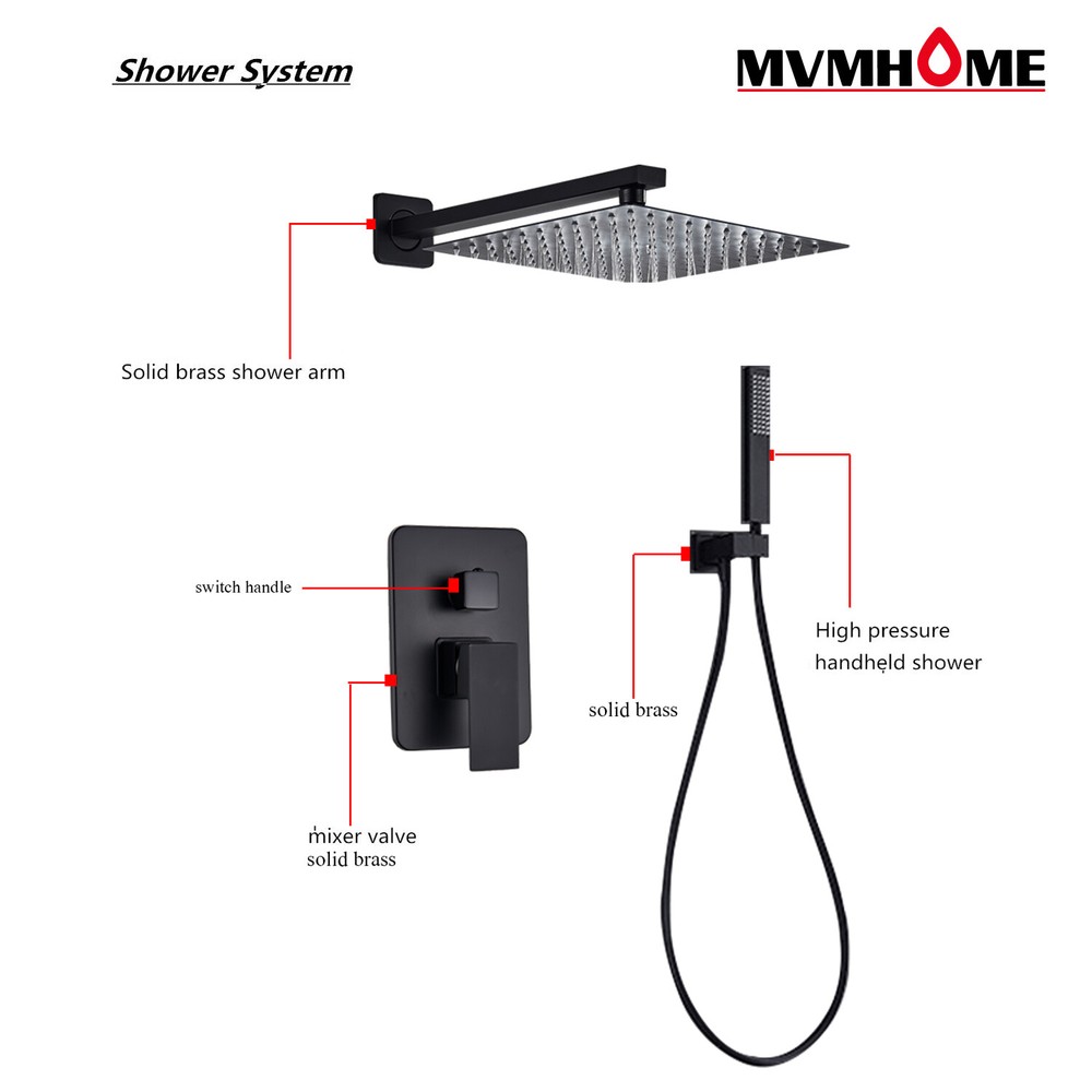 Matte Black Shower System Set Bathroom 16 inch Rainfall Mixer Shower Combo Set