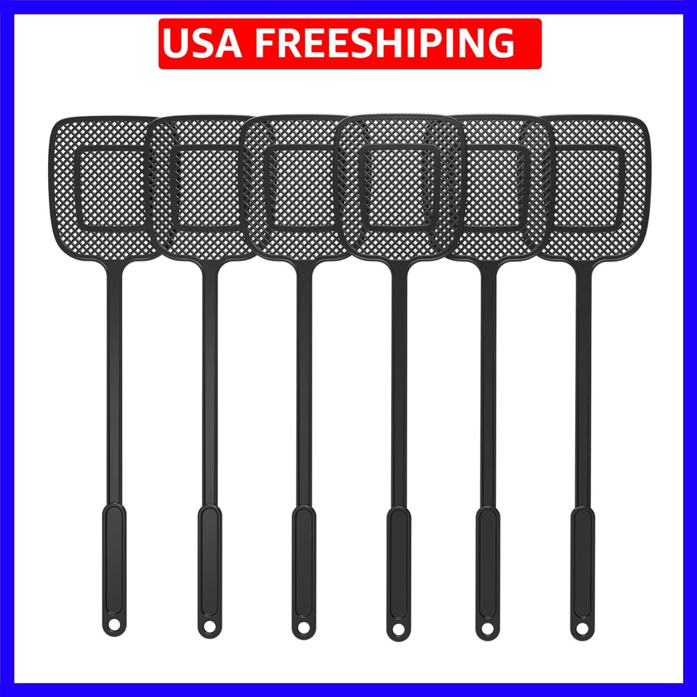 Heavy Duty Long Handle Fly Swatter, Black, 6 Pack