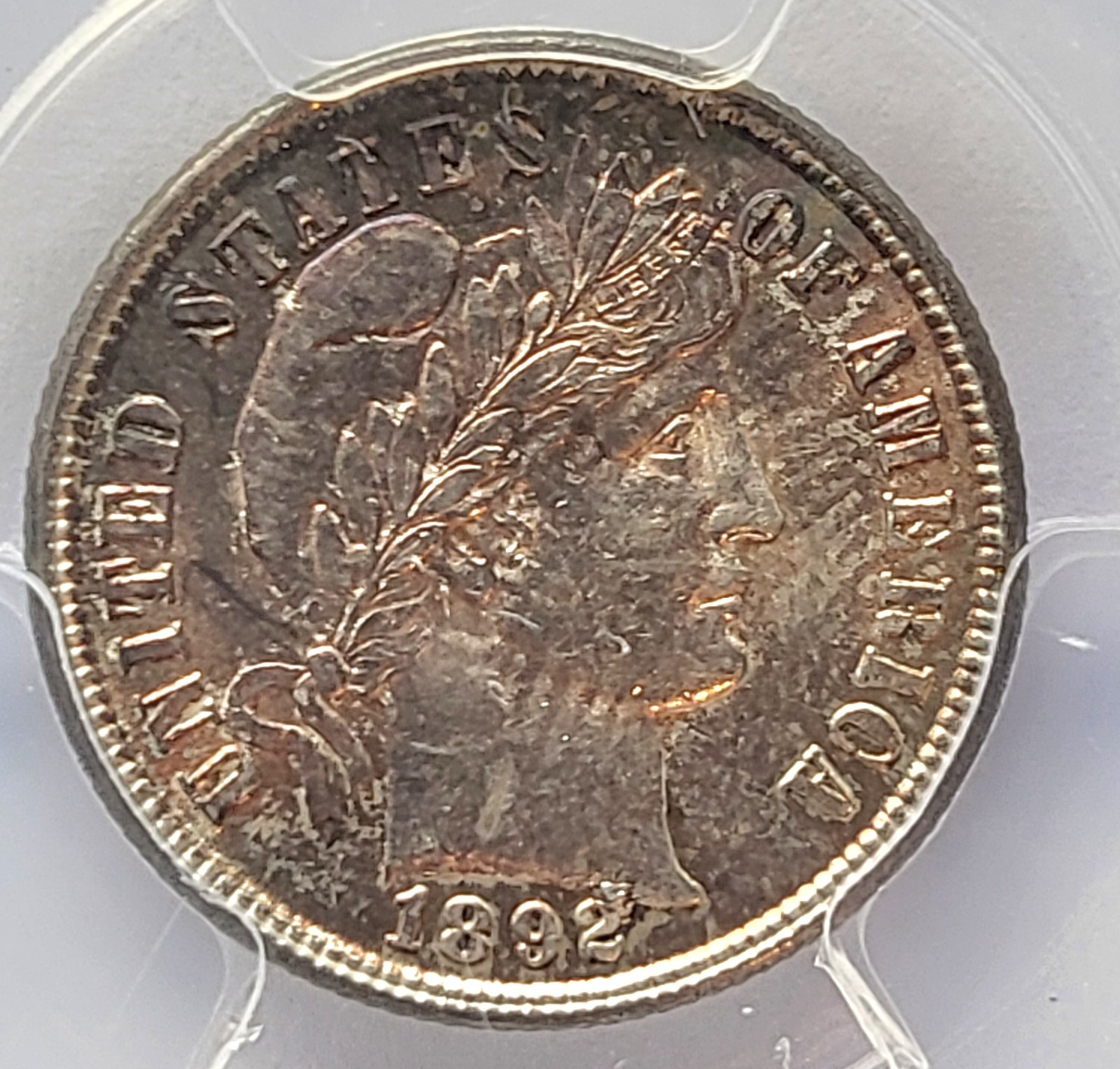 1892 PCGS MS-63 Barber Dime-colorful toning on obverse. #185
