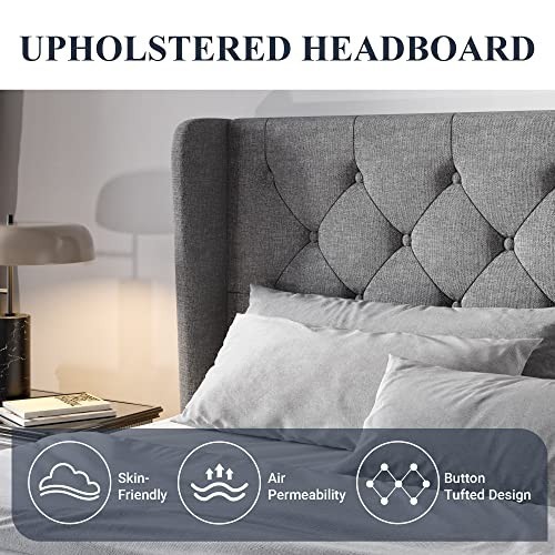 Modern Full Size Bed Frame with Button Tufted Wingback Headboard, Upholstered Pl