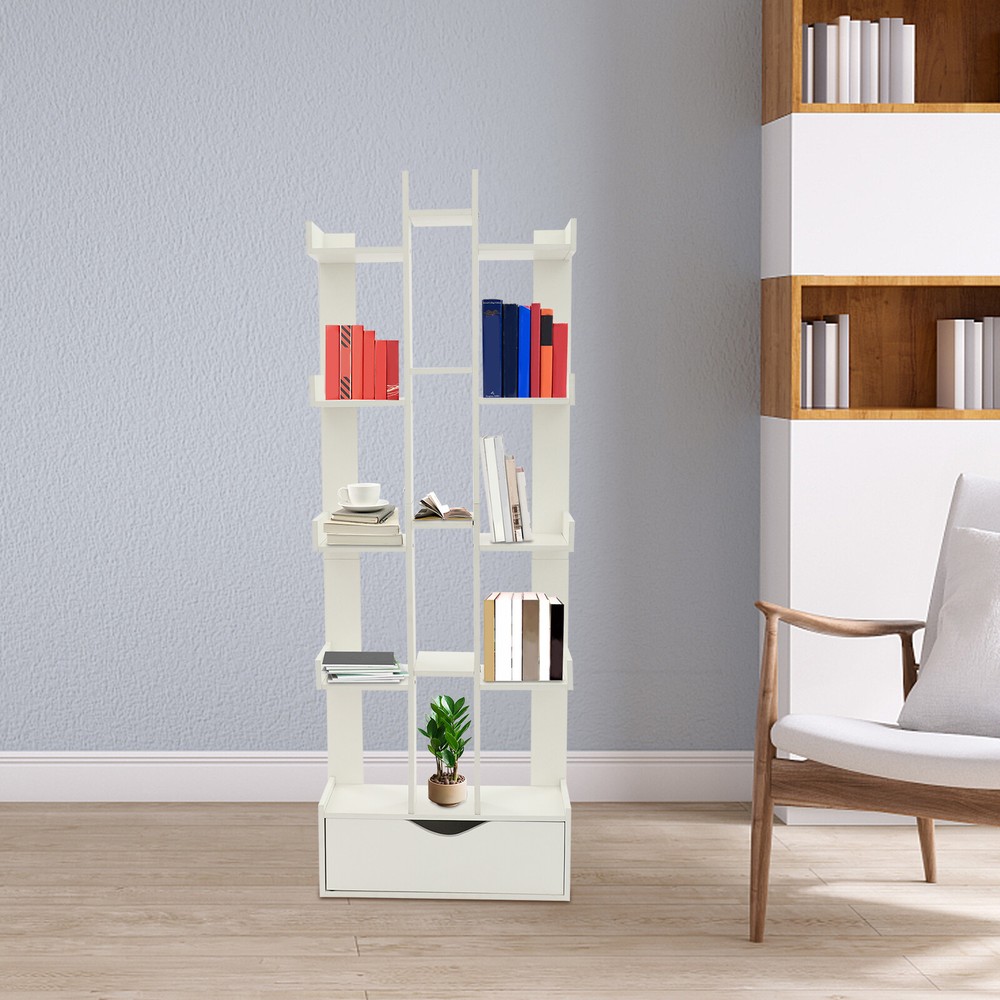 1.42m Bookcase, 15-Compartment Bookcase with Cabinet, Floor Standing Bookcase
