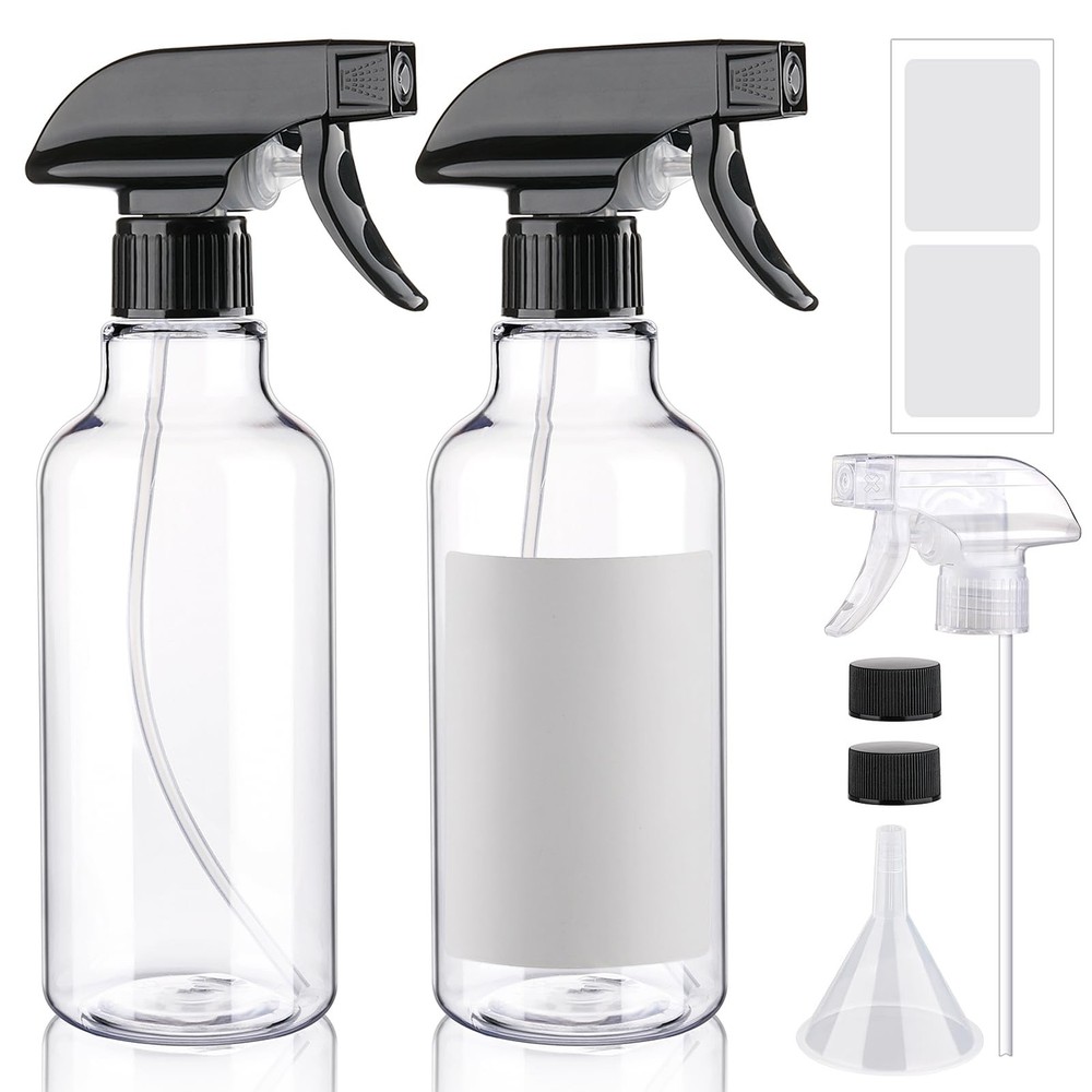 Hethyo 16.9oz Refillable Spray Bottles 2Pack  Trigger Sprayer, Black/Clear
