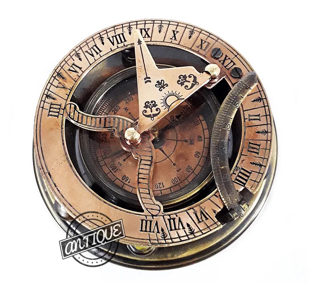 Solid Brass Antique Working Compass Nautical Astrolabe Sun Clock Vintage Decor