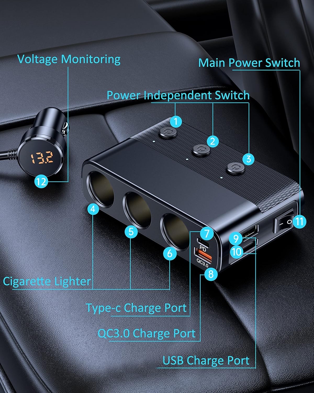 3 Way 12V/24V USB Car Cigarette Lighter Socket Splitter Power Adapter Charger