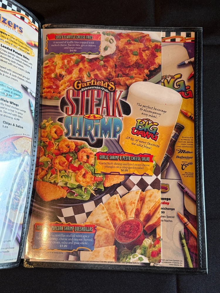 Garfield's Restaurant Pub 1999 1990s Vtg Menu