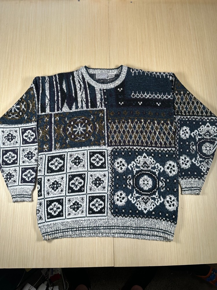 Method Sweater Mens Large Black White Jacquard Knit Acrylic Ribbed Hem Pullover
