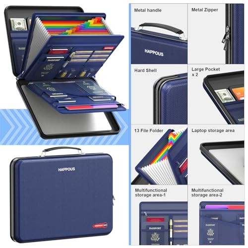 Fireproof File Organizer, Expanding File Folder with 13 Pockets, Portable Blue