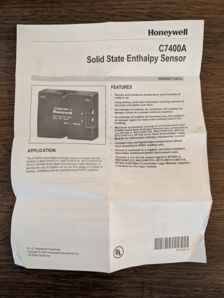 New Honeywell C7400A 1004 Solid State Enthalpy Sensor