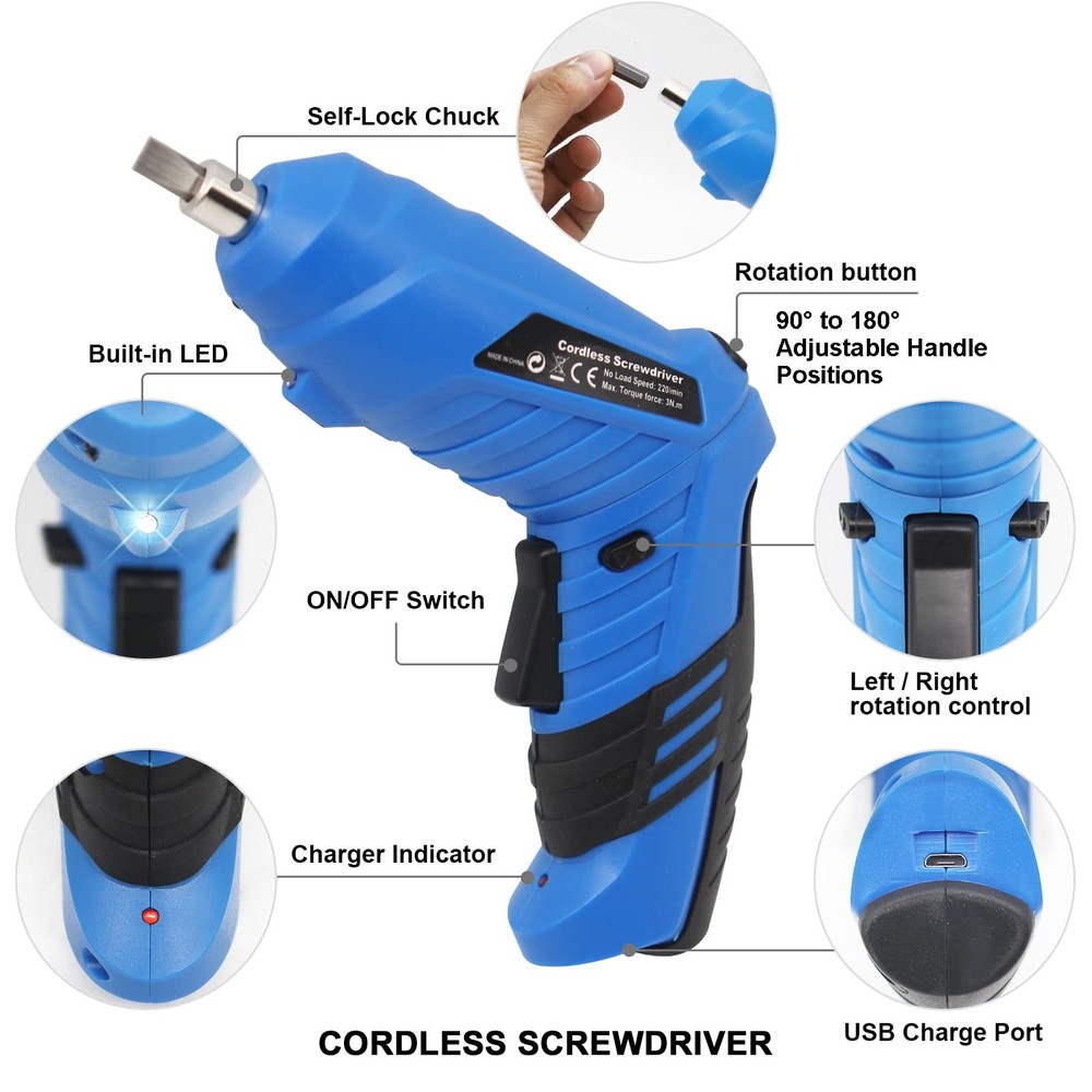 3.7V Cordless Screwdriver Set, Rechargeable Drill with 47 Bits & LED Light