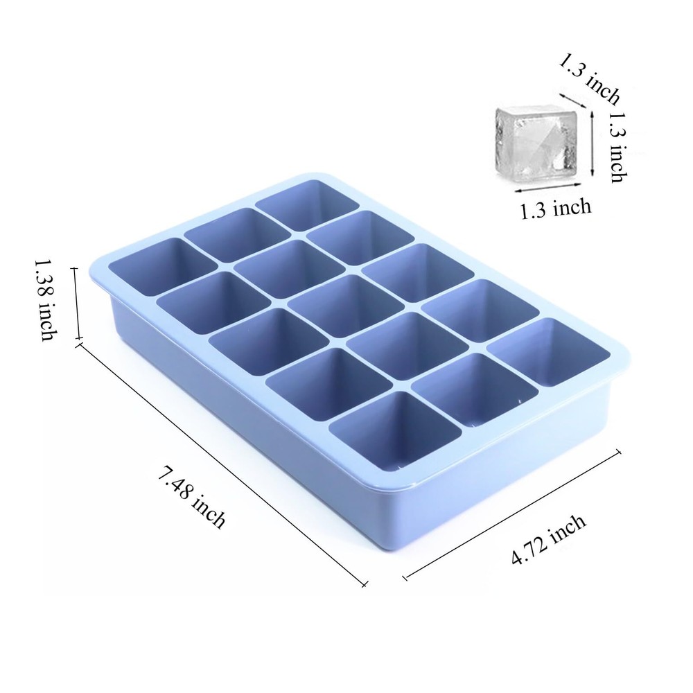 2 Pack 15-Cavity Silicone Ice Cube Trays Square Ice Cube Molds with Lids
