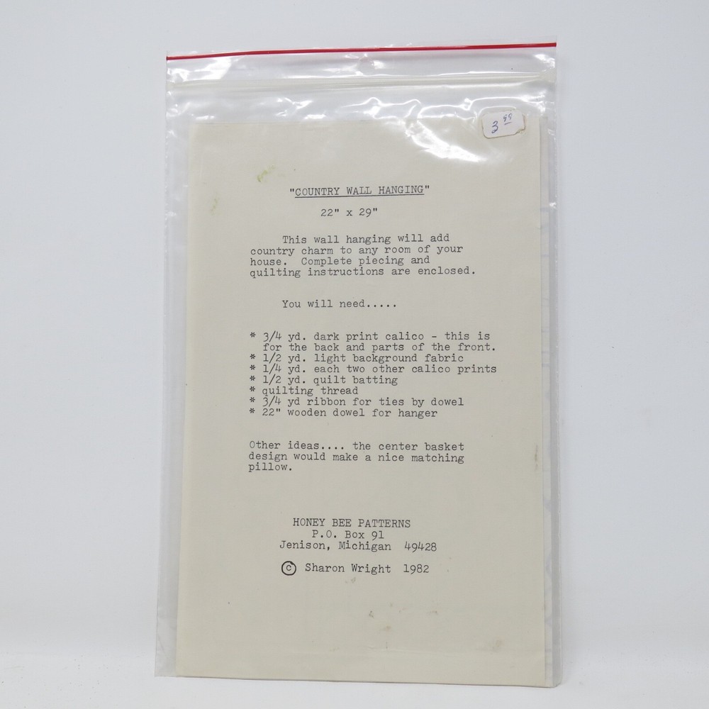 Honey Bee Patterns 1981 Sharon Wright Country Wall Hanging Quilt Pattern