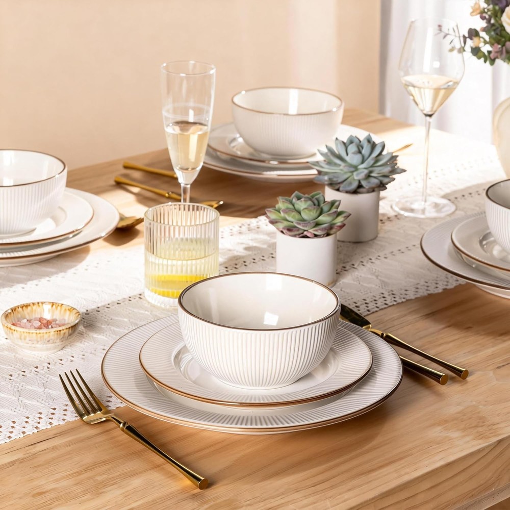 Ceramic Dinnerware Sets,12 pcs Embossed Elegant Stoneware Plates & Bowls Sets