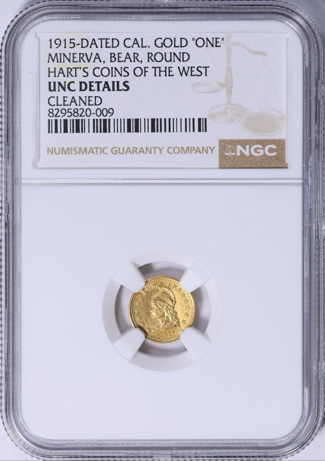 1915 California Fractional Gold Hart's Coins Of The West One CMRD-4 R7 NGC UNC