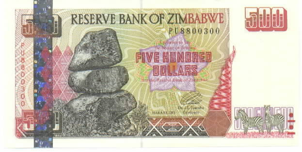 ZIMBABWE 2001 500 Dollars, Pick 10, B110a.  Uncirculated.