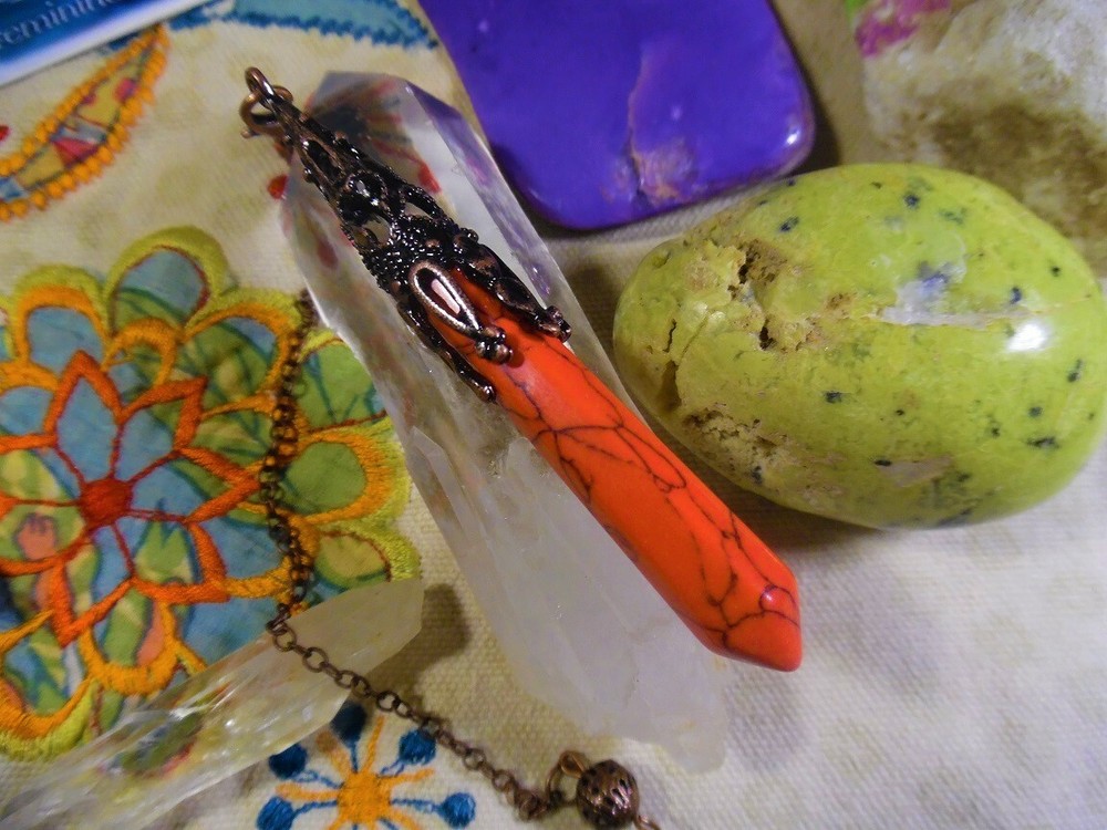 Fancy Red Turquoise antique copper Pendulum, copper chain w/dangle brown org bag