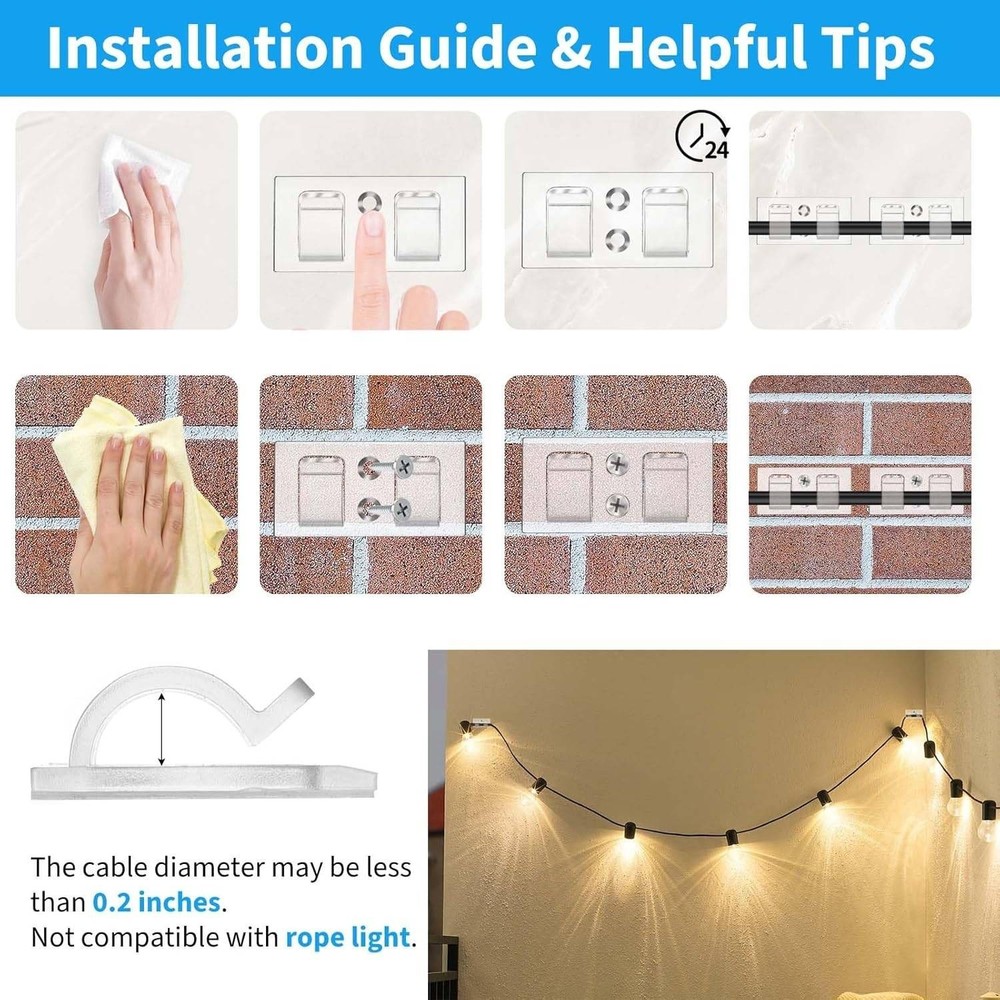 100 Pack Outdoor String Light Clips Adhesive Screw Mount Double Hook Clear