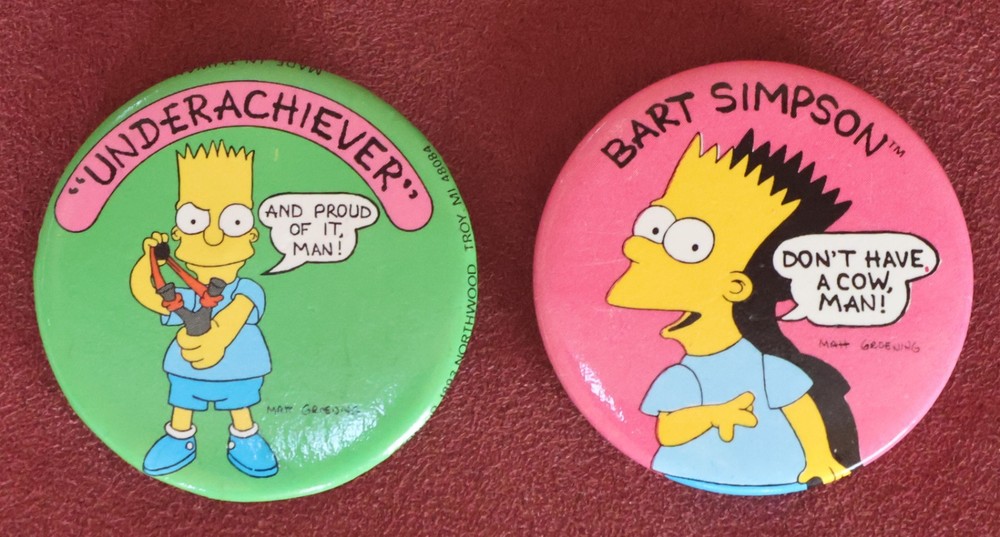 2 NOS 1990 The Simpsons Bart Pinback Buttons - 1.75” Diameter