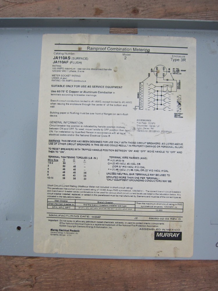 Murray 2P 100A 240V Meter Socket used for JA110AS, Used