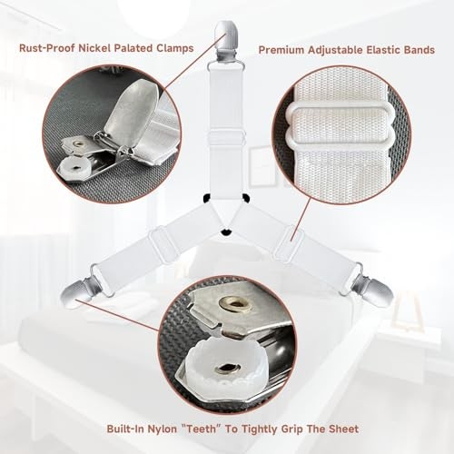 Bed Sheet Straps, Upgrade Fitted Bed Sheet Holders for Corners, White (4pcs)