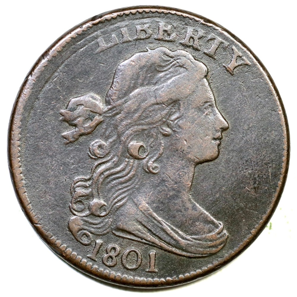 1801 S-221 R-2 Corrected Fraction Draped Bust Large Cent Coin 1c