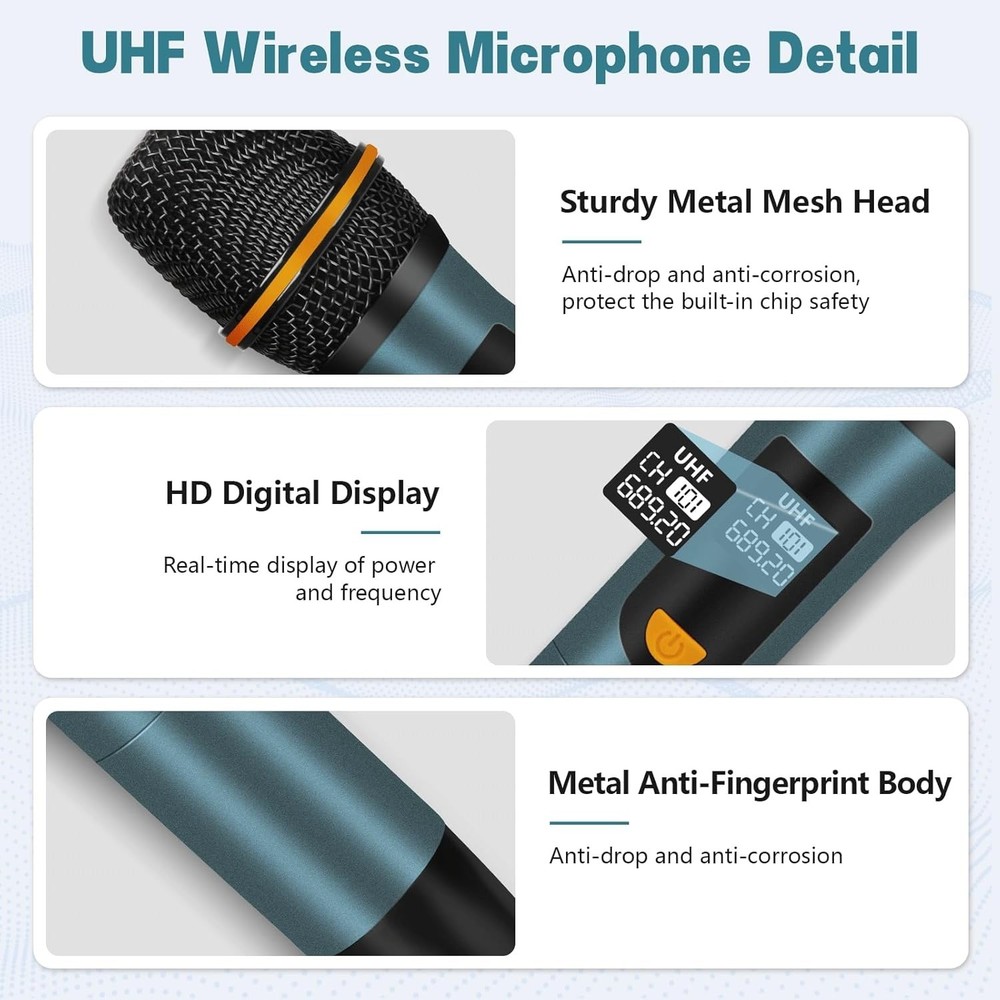 Wireless Microphones, UHF Metal Rechargeable Cordless Dynamic Mic System NEW