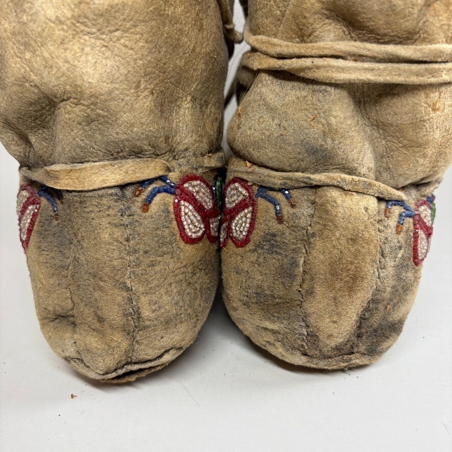 1920s Cree Native American Moccasins High-Top Beaded Pucker Toe Soft-Soled