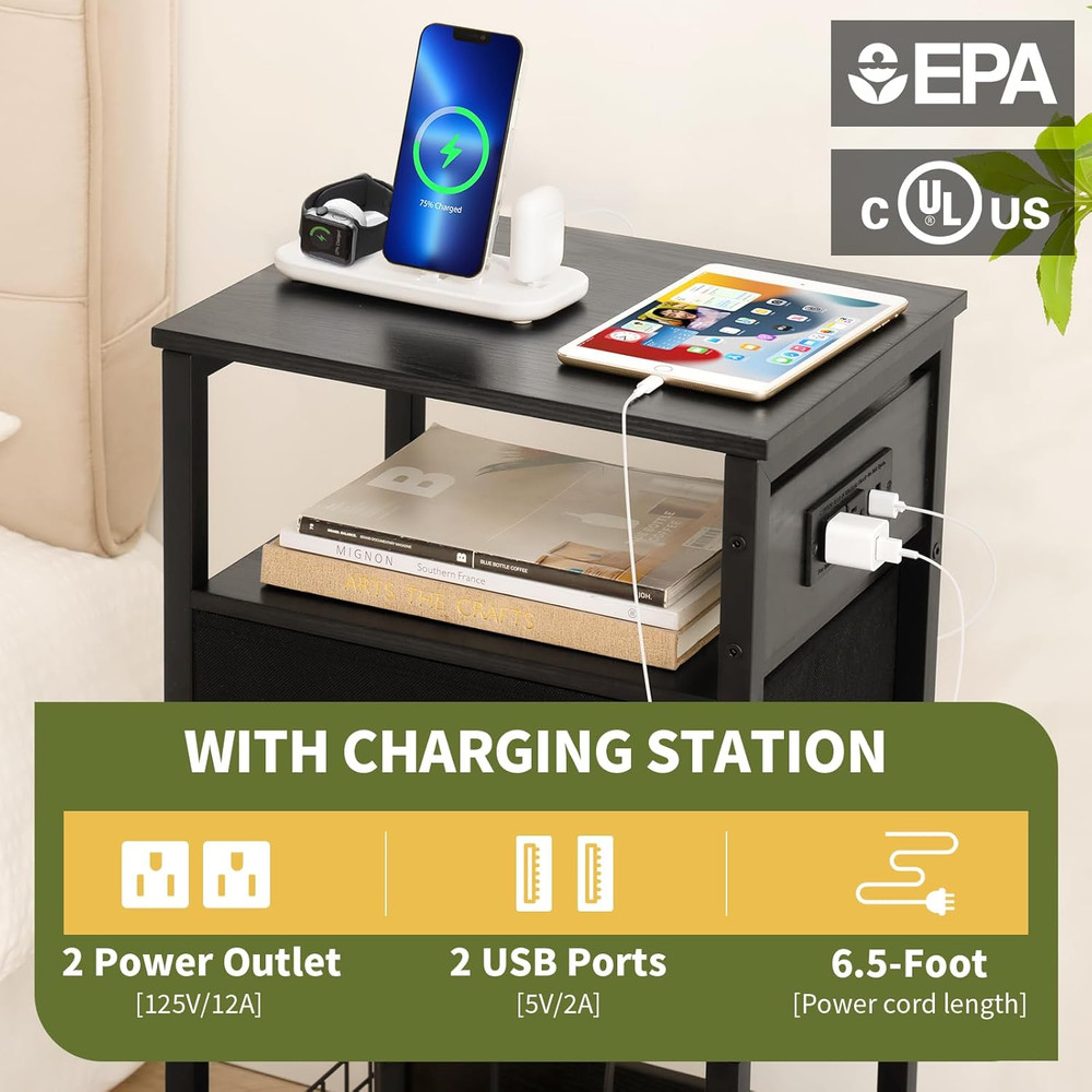 Record Player Stand with Storage - End Table with Charging Station & LED Lights,