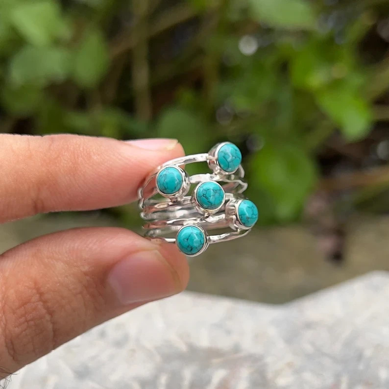 925 Sterling Silver, Turquoise Gemstone, Minimalist, Stack Ring, Births All Size