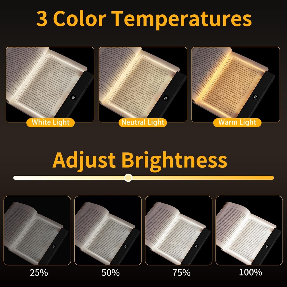 Book Light Rechargeable LED Flat Reading Bed 3 Colors Timer Panel Plate Lamp