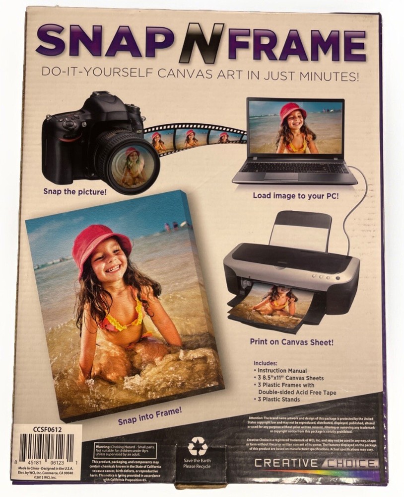 Snap N Frame Do It Yourself Printable Canvas Kit Set 3 Canvas 3 Frames Photo NIB