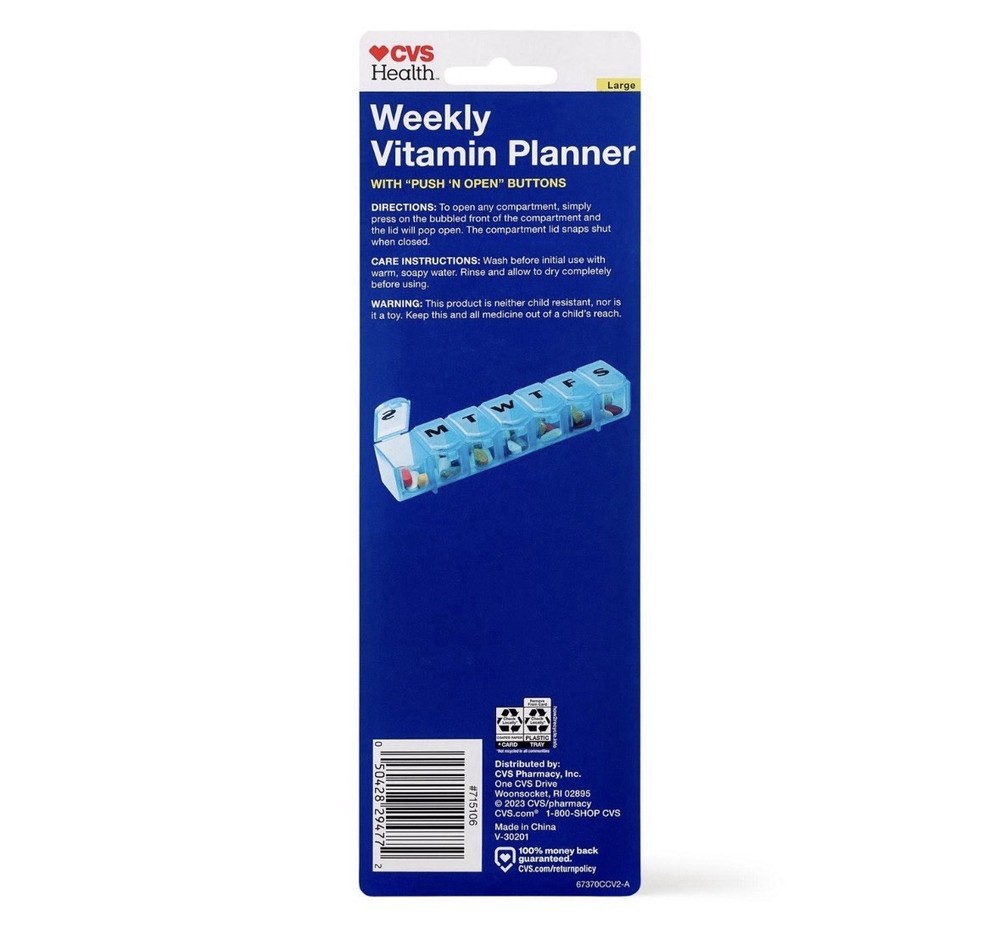 Weekly Vitamin Container Planner Case & Pill Box, Large, Push Open, Black