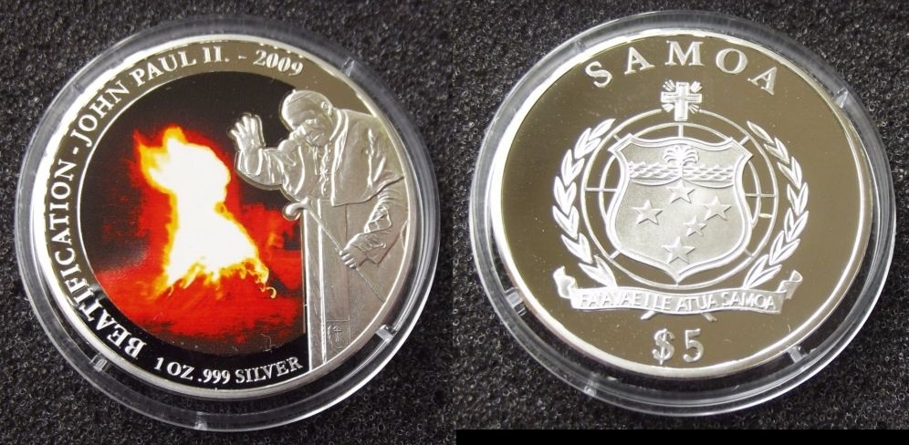 2009 Samoa Large 1 Oz Silver Color Proof 5$ Pope John Paul II
