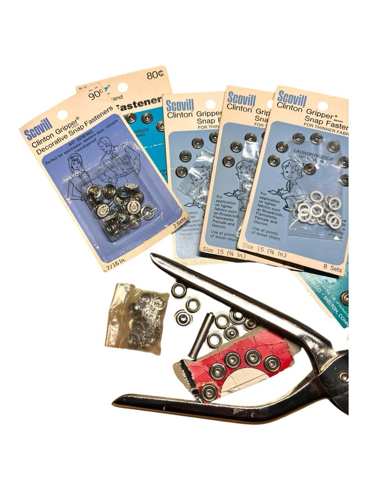 Vintage Sewing Snap Fasteners, Button Covers Lot With Tools