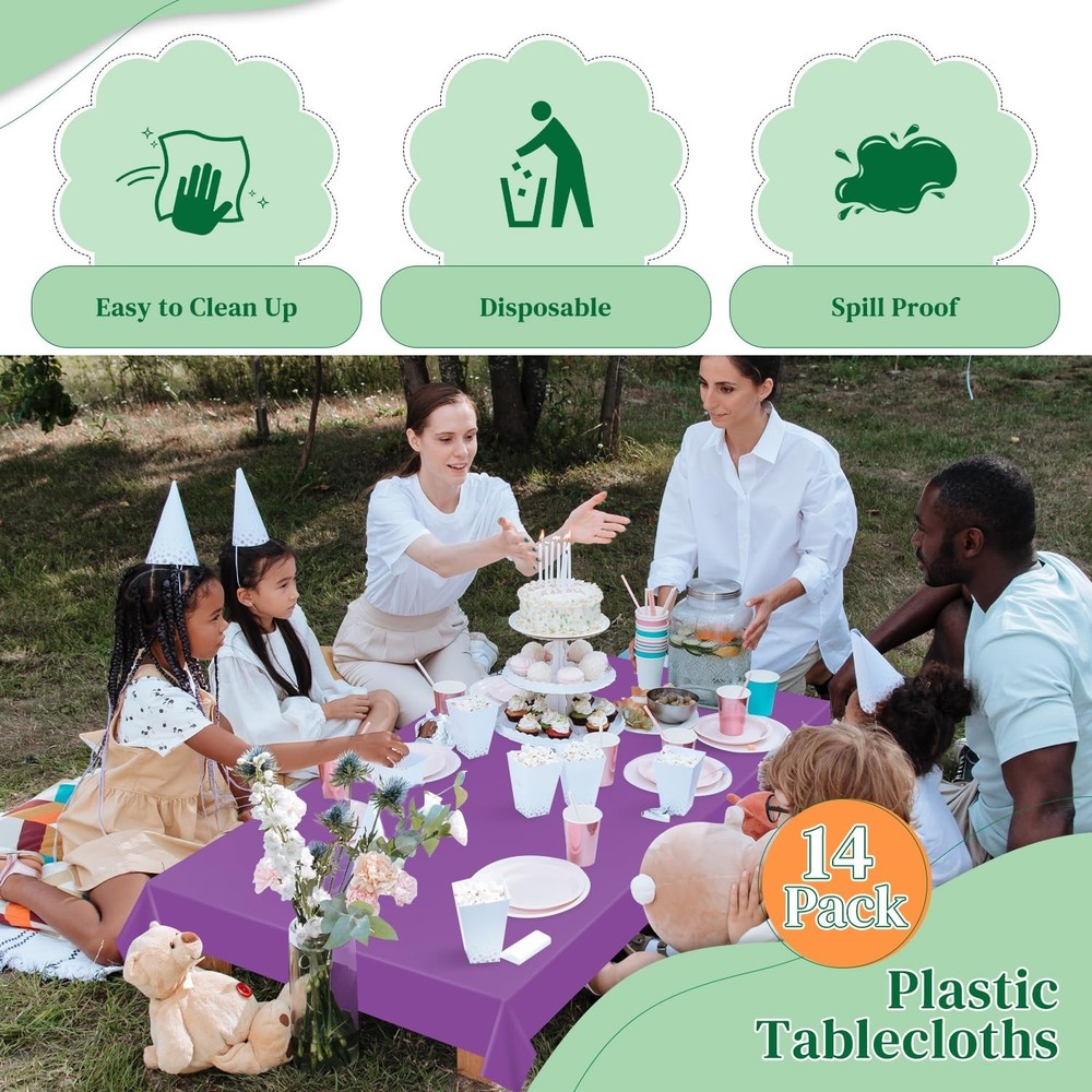 Purple 14 Pack 54 x 108 Inch Plastic Tablecloths, Disposable Rectangle Tablec...