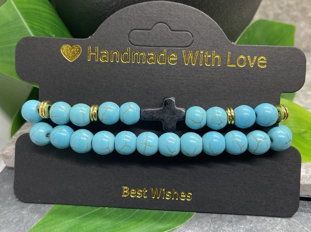 2 PC Handmade Beaded Stackable 6.5” Plus Stretch Bracelet Set Cross New B3703