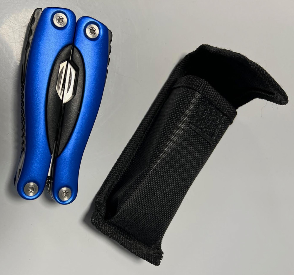 Folding multi-tool blue pocket knife with case.